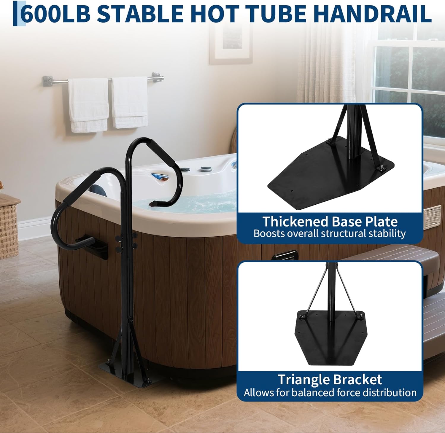 2-Way Hot Tub Handrail, 360° Swivel Spa Side Handrail with Slide Under Mount Base, 38"-58" Adjustable Height Safety Grab Bar, 600LBS Heavy Duty Hot Tub Hand Rail for Indoor/Outdoor Use