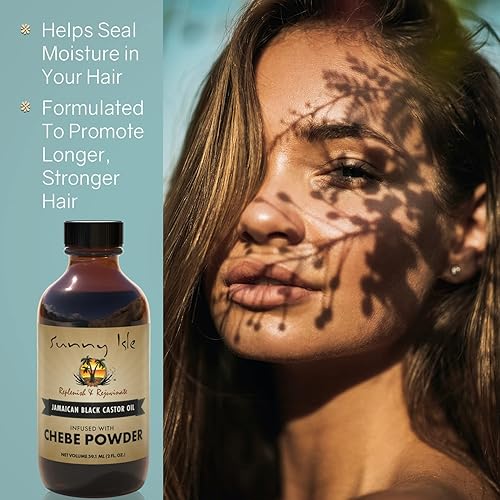 Miniatura 5 de Sunny Isle Aceite de ricino negro jamaicano infundido con polvo de Chebe africano totalmente natural de 4 onzas | Para cabello más largo y fuerte |