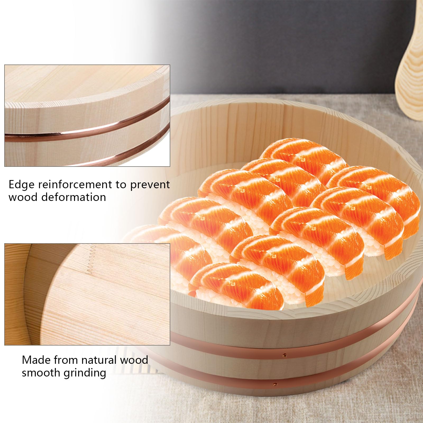 Recipiente de mezcla de arroz para sushi, hangiri de madera para preparación de arroz, cuenco de sushi japonés para restaurantes y cocinas domésticas