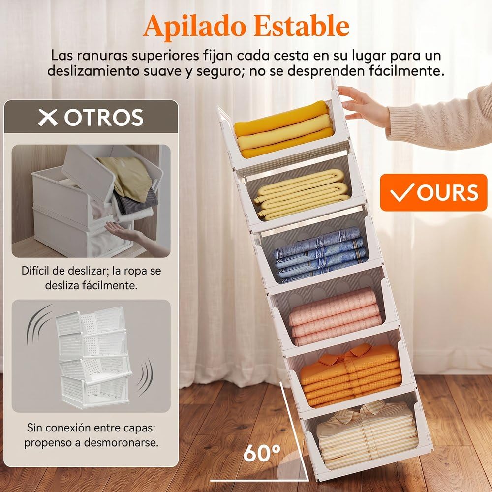 Lifewit Organizador de Armario Ropa, 8 Pack Baldas Apilables Interiores, Cajonera de Almacenaje para Camisetas y Pantalones, Contenedores Extensibles para Baño, Cocina y Camping, 24L, Blanco