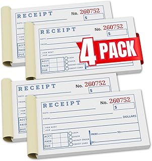 1InTheOffice Receipt Book with Carbon Copies, Rent Receipt Book, Cash Receipt Book, 2-3/4 x 5-3/8 Inches, 2-Parts, Carbonless, White/Canary, 50 Sets/Book, 4 Books