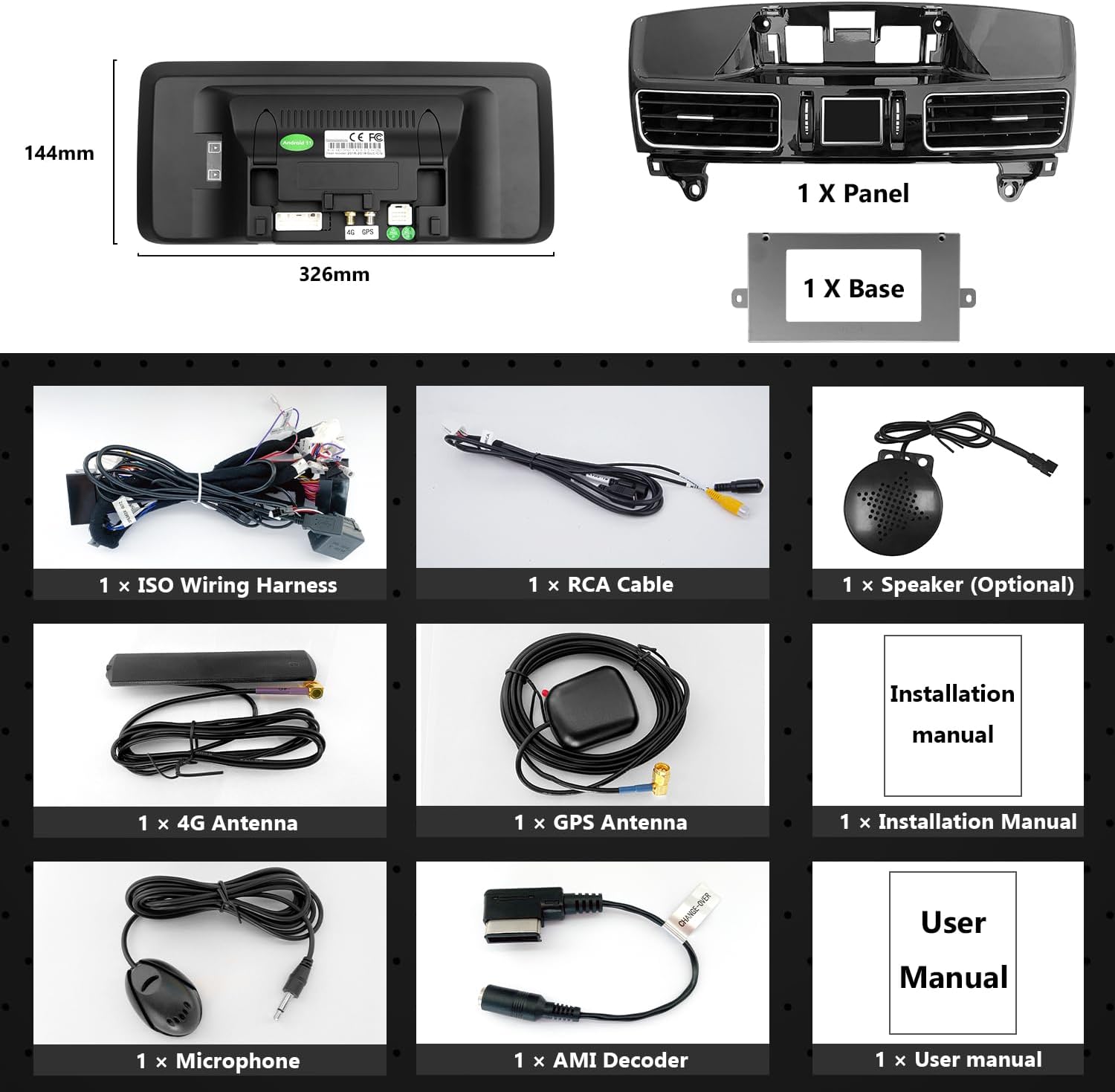 Image displaying all components included in the YEEHUNG 12.3 inch Android 13 Car Multimedia System package, such as the screen, panel, base, various cables, antennas, microphone, and manuals.