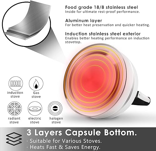 Miniatura 3 de Rorence Tetera de 3 cuartos de galón Tetera silbante de acero inoxidable con fondo de cápsula para estufa - Plata