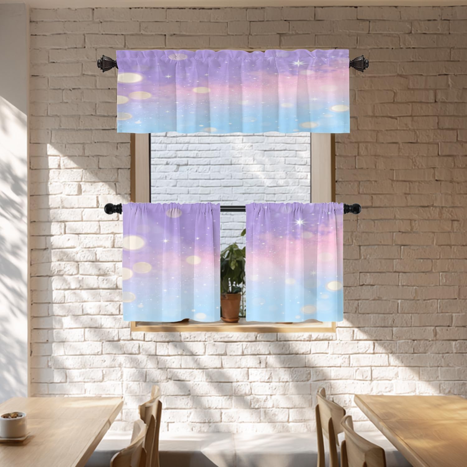 Batmerry Galaxy Fantasy Pastel Unicorn Cute Kitchen Valances Half Window Curtain, Purple Blue Pastel Rainbow Unicorn Glitter Stars Kitchen Valances for Bedroom Valance for Decor Reducing The Light