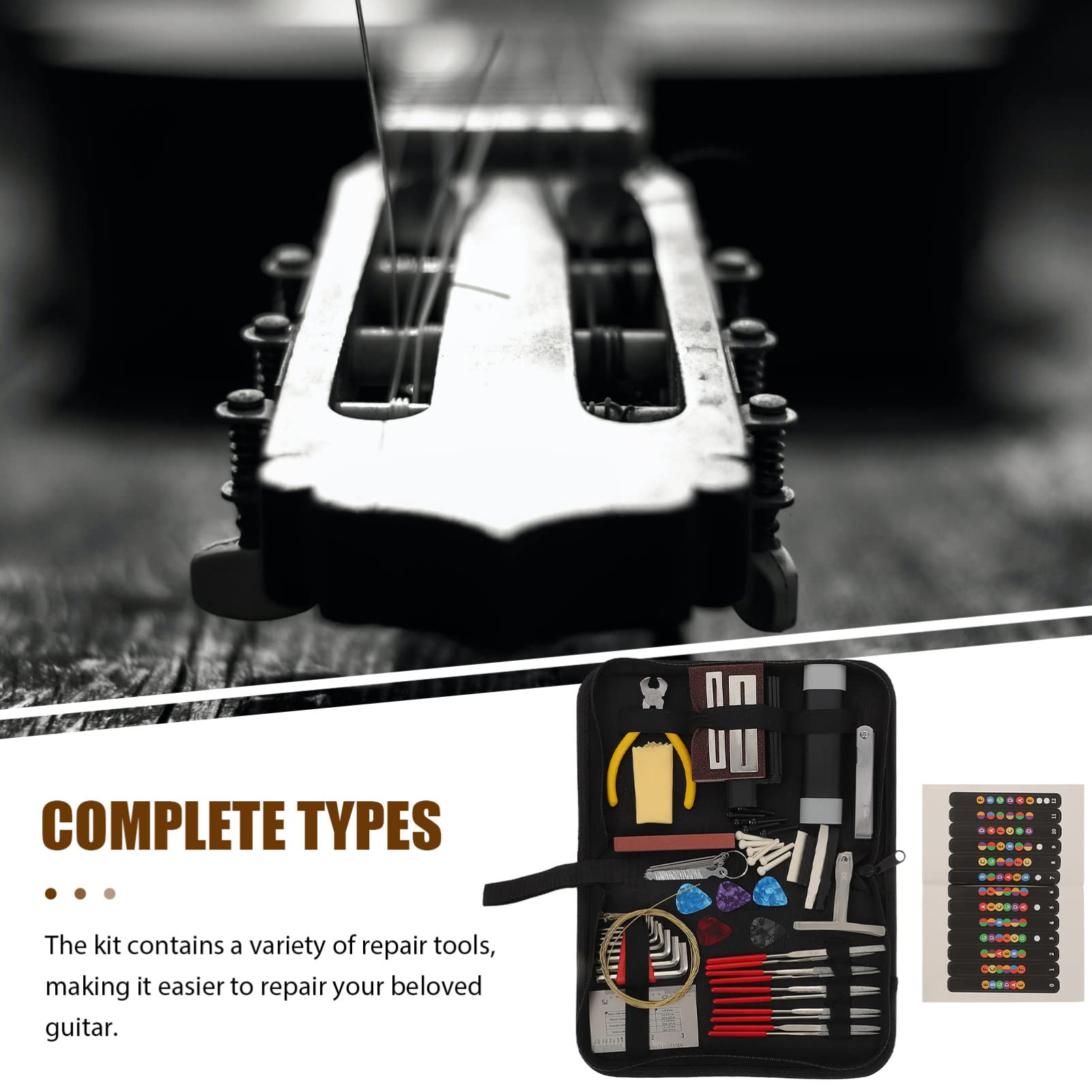Kit de Reparación de Guitarra 72 Piezas para Mantenimiento | Abs y Acero Inoxidable, Paño de Algodón Incluido, Bolsa de Almacenamiento, Formato Portátil Color Aleatorio