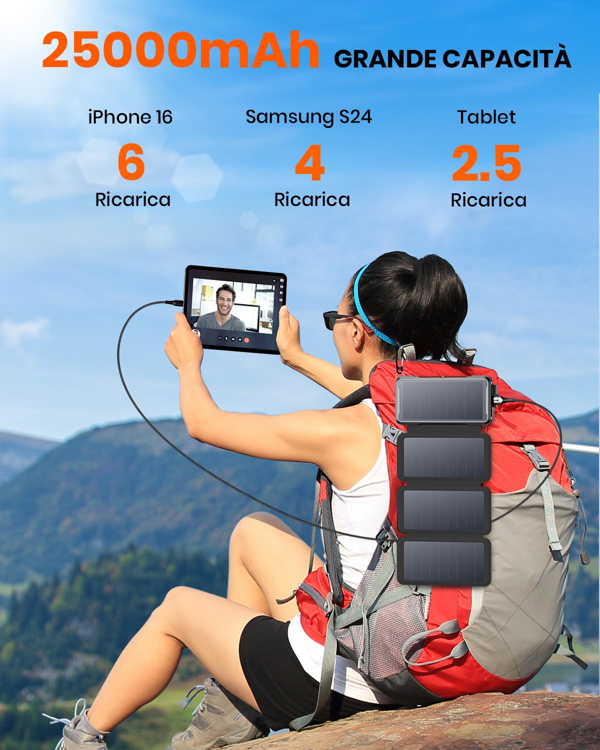 SOARAISE Caricabatterie Solare 25000mAh 20W Caricatore Portatile Senza Fili con 3 Cavi e 4 Pannelli Solari, USB C Power Bank PD QC 3.0 Ricarica Rapida Batteria Esterna con Luci LED per Campeggio