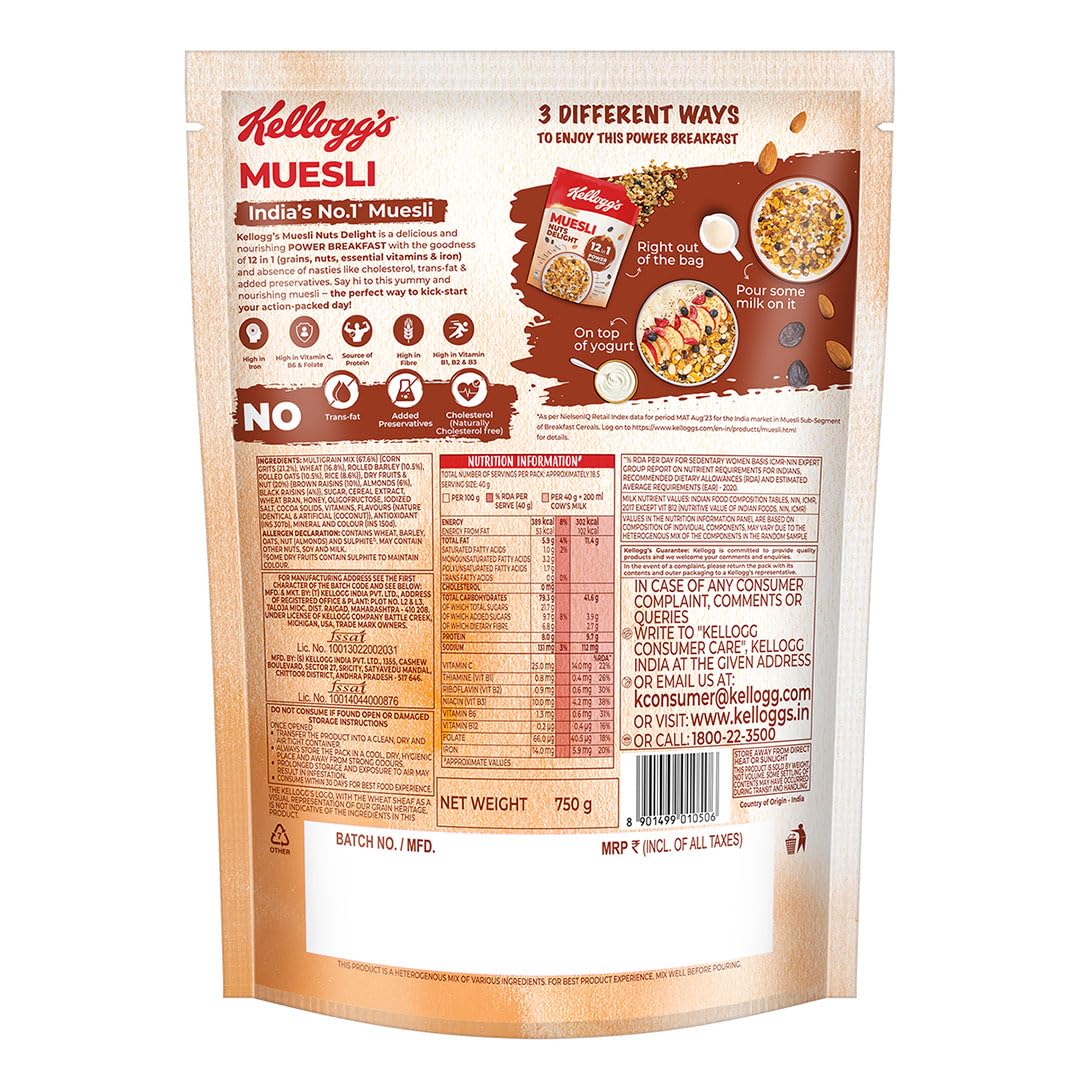 Kellogg's Muesli Nuts Delight 750G | 12-In-1 Power Breakfast | India'S No 1 Muesli | Multigrain Breakfast Cereal - Image 4 thumbnail