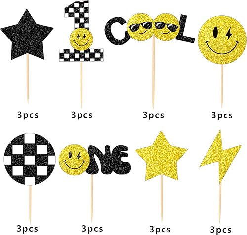 Miniatura 2 de 24 piezas de decoración para cupcakes de primer cumpleaños de One Happy Dude - Groovy One Cool Dude
