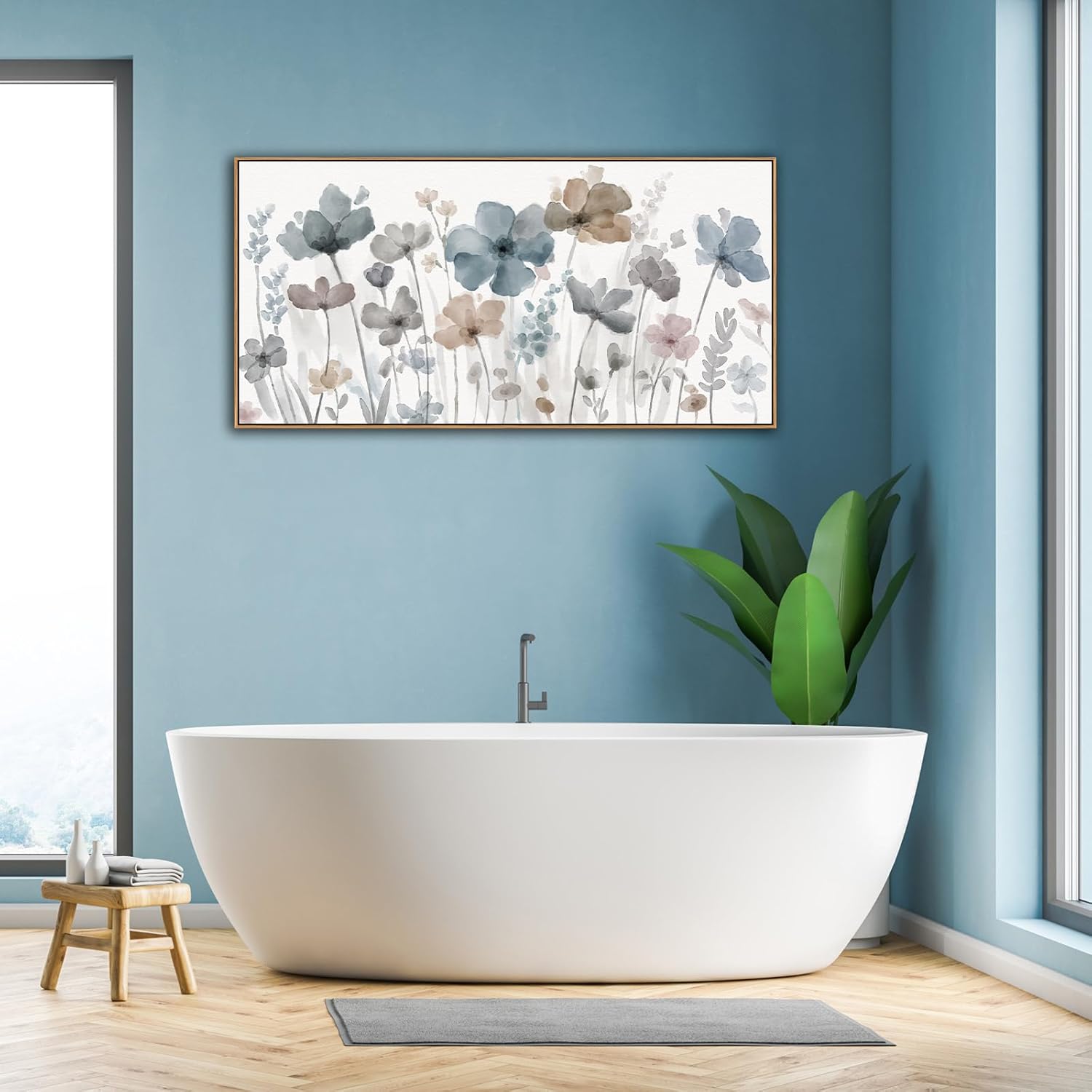 yearainn Framed Elegant Watercolor Floral Wall Art – Blue and Taupe Botanical Flowers Picture, Soft Abstract Floral Painting Artwork for Home Wall Decor, Ready to Hang, Natural Wood Frame, 20" x 40"