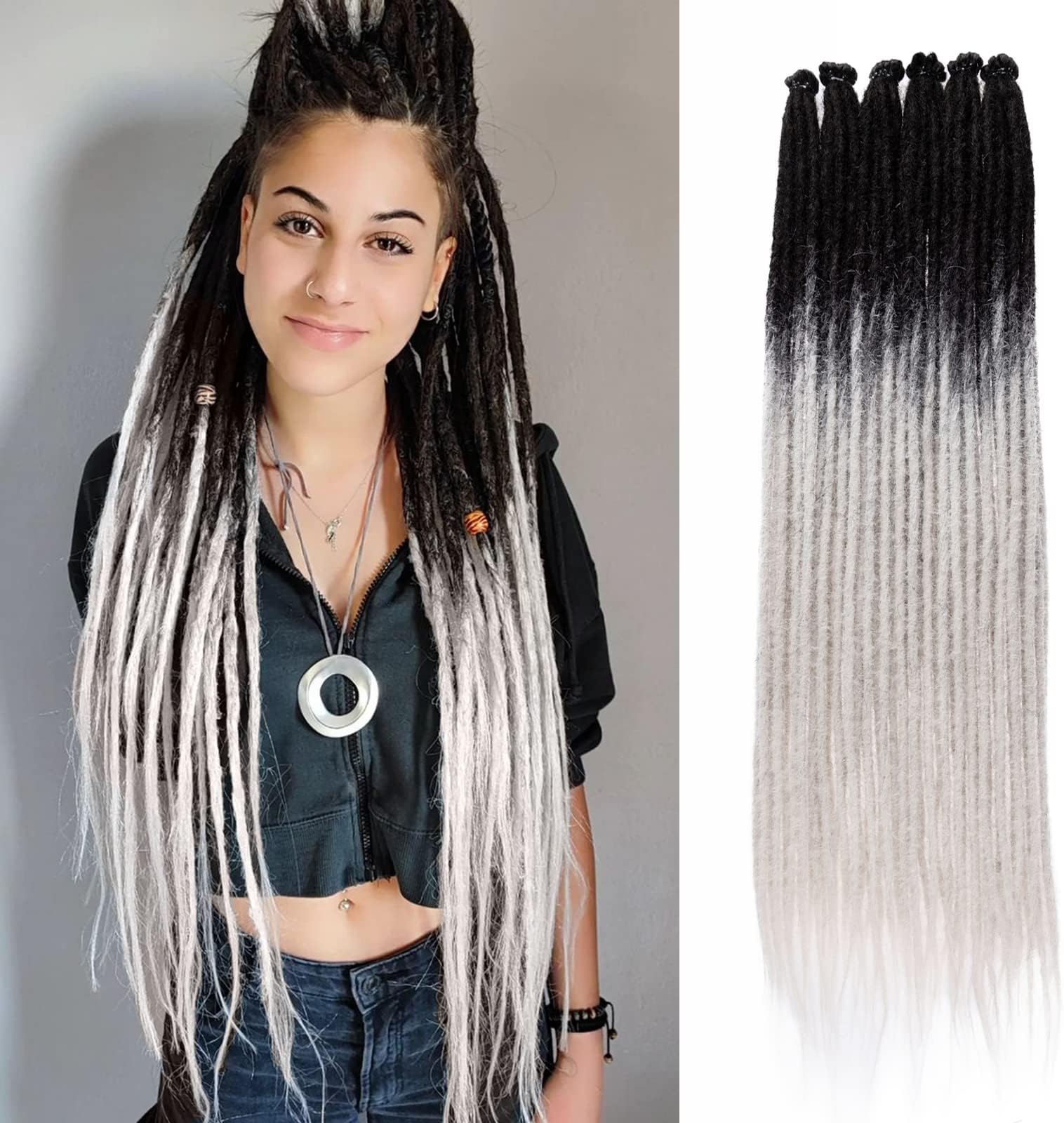 Leeven 0.6 cm Width Handmade Dreadlock Extensions 24 Inch Ombre Grey Single Ended Dreads 20 Strands Synthetic Crochet Hair Soft Loc Extensions for Women Men