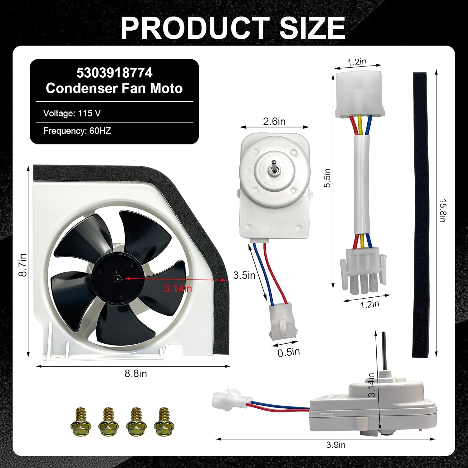 5303918774 Condenser Fan Motor Compatible with Kenmore Frigidaire Crosley Refrigerators FRS6KR5JSB0, FRT17G5CSBC, FRT18IL6DWP. Part Number: 240334001, 240397101, 240525401, 241681101,CKD918774X.