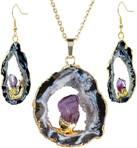 SUNYIK Irregualr forma natural ágata cuarzo geoda drusa colgante collar y pendientes colgantes de cristal conjunto de joyería, Piedra, cuarzo ágata