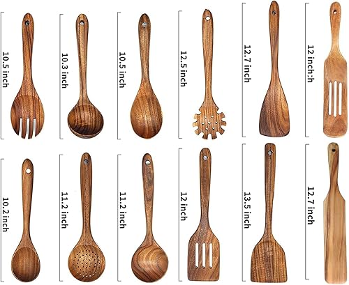 Miniatura 3 de Cucharas de madera para cocinar, 10 piezas de utensilios de cocina de madera de teca natural, juego de utensilios de cocina de madera para cocinar,