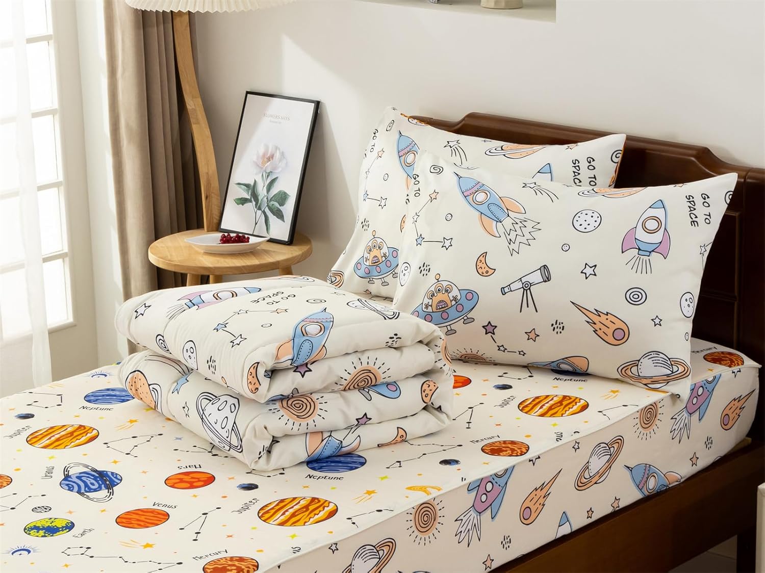 Aimuan Kids Space Zippered Comforter Set - Rocket Zipper Bedding for Boys Aliens UFO Theme, Twin