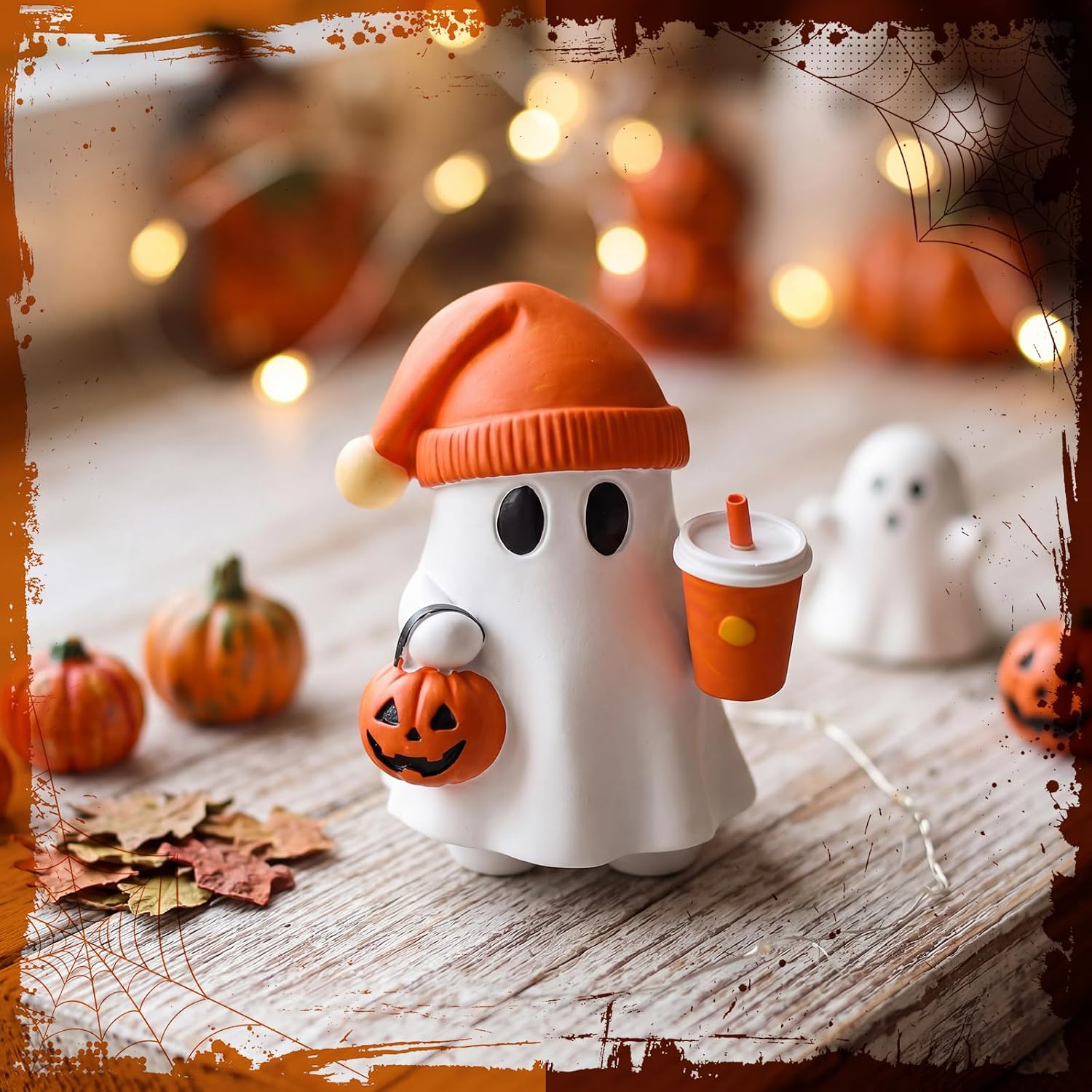 Vicenpal Cute Halloween Ghost Figurine with Pumpkin Bucket and Orange Drink image 3