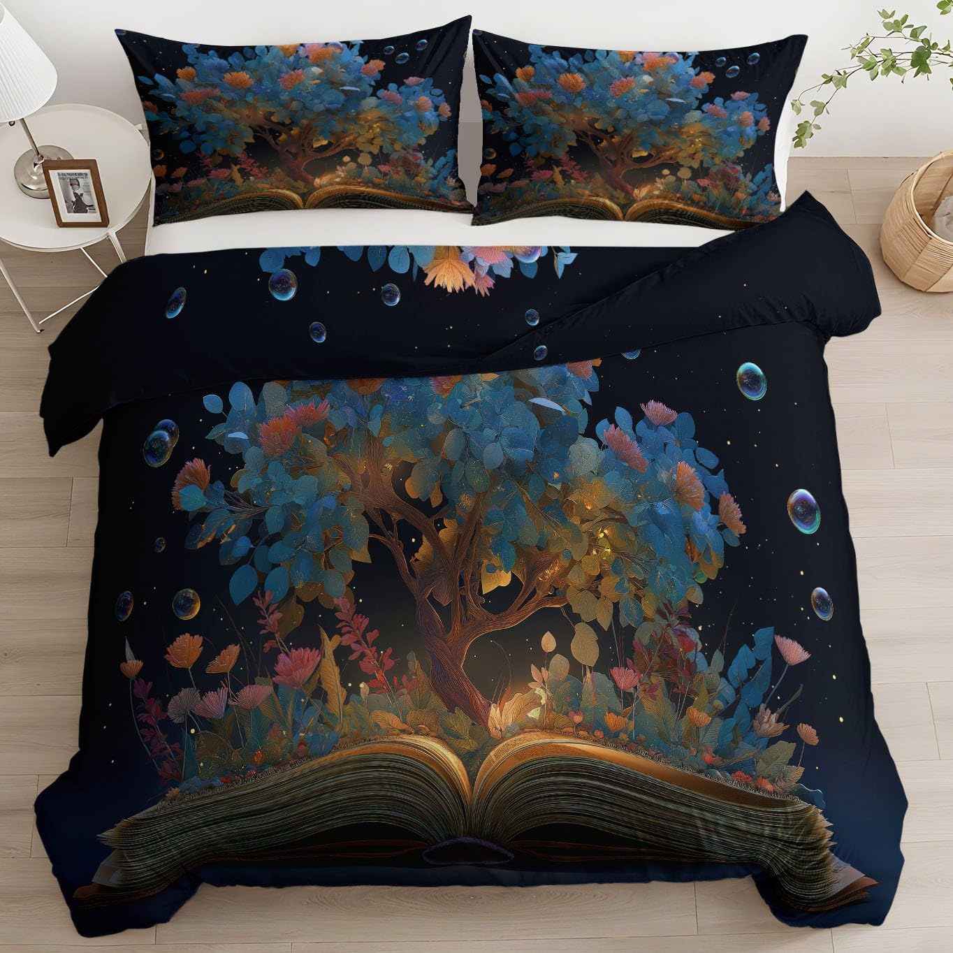 Poszwa na kołdrę 240 x 220 cm fantazyjna książka magiczne drzewo dwustronny zestaw pościeli, 2 poszewki na poduszki 65 x 65 cm - czarna miękka i oddychająca poszwa na kołdrę wystrój pokoju