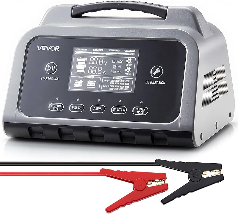 VEVOR Chargeur de Batterie Intelligent 20 A 6 V 12 V 24 V Chargeur de Batterie Voiture Lithium LiFePO4 Plomb-Acide pour Auto Bateau Moto Camping-Car, Maintien de Charge, Désulfatation, avec Écran LCD