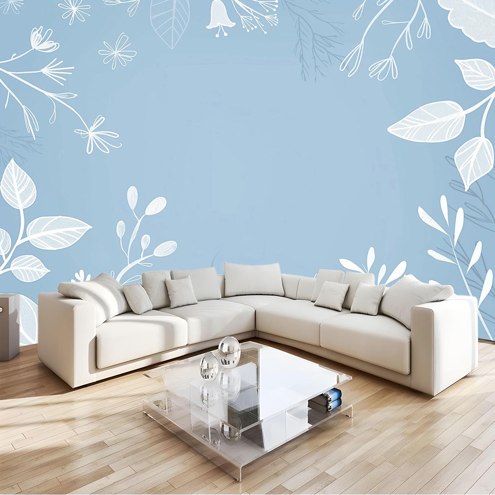 Papier peint feuilles bleu clair pour créer un coin nature dans la chambre d'enfant