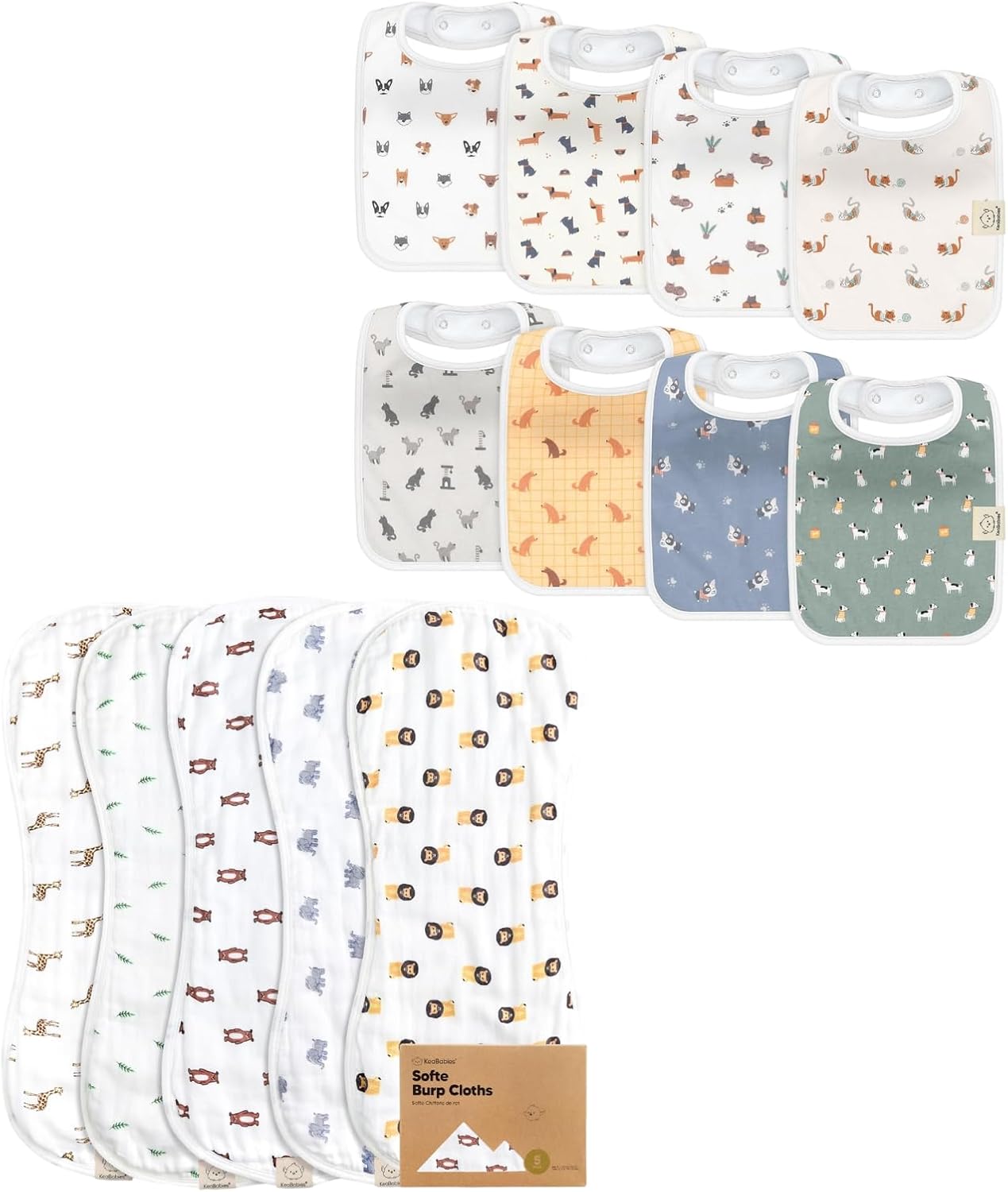 KeaBabies 8-Pack Baby Bibs for Boy, Girl and 5-Pack Muslin Baby Burp Cloths - Drool Bibs for Baby Girl, Boy, Toddler, Infant Bibs, Cotton Bibs -Soft Cotton Baby Burp Cloth