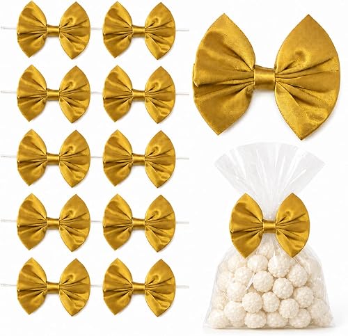 Gold Satin Ribbon Twist Tie Bows for Gift Wrapping, 16 Pcs 3.5 Inch Premade Bows for Treat Bags, Favor Boxes, Crafts, Wedding, Baby Shower, Birthday Party