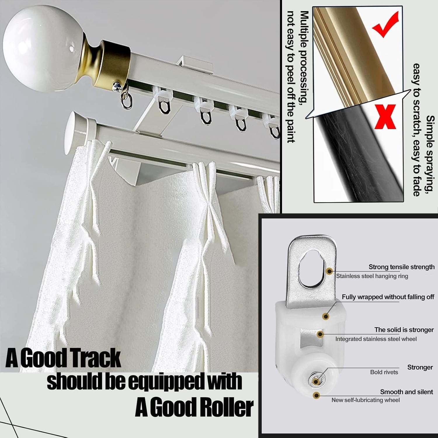 Heavy-Duty Wall Mounted 1m-6m Sliding Curtain Poles for Room Divider, Bedroom, Living - Track Rod