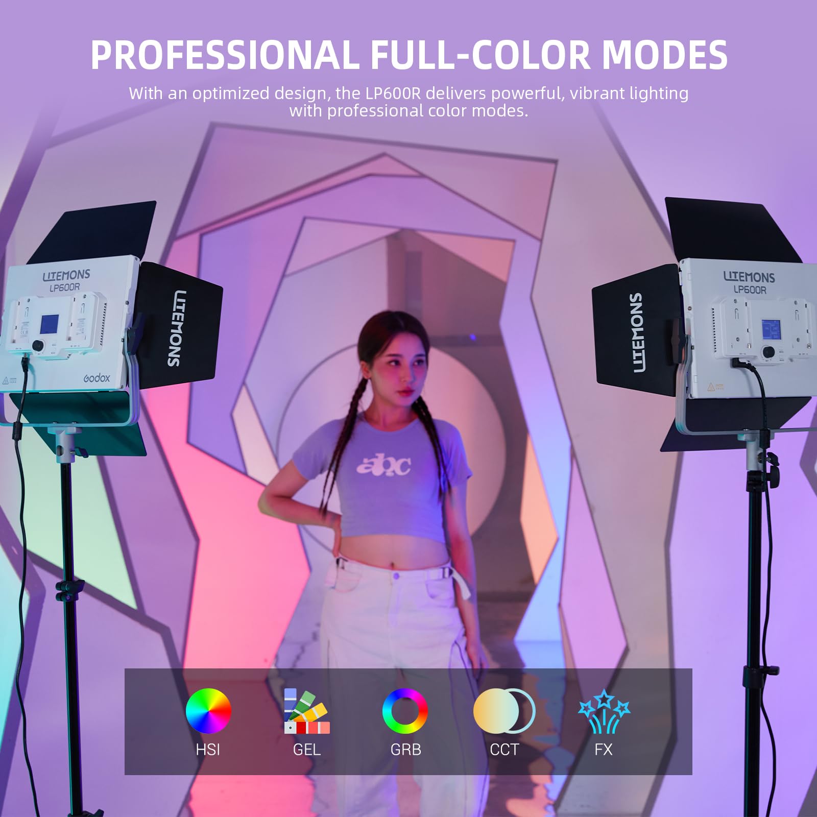 GODOX LITEMONS LP600R RGBW LED Video Light, CCT, dwukolorowa temperatura 1800 – 10000 K, 60 W, tryb HSI i tryb żelowy, 14 efektów świetlnych, sterowanie aplikacją obsługującą
