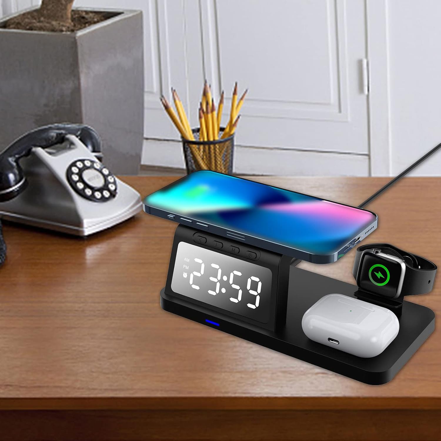wireless charging station with digital alarm clock charging station for multiple devices 15w wireless charger stand compatible with ios android wire