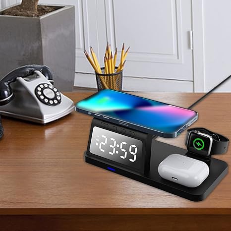wireless charging station with digital alarm clock charging station for multiple devices 15w wireless charger stand compatible with ios android wire