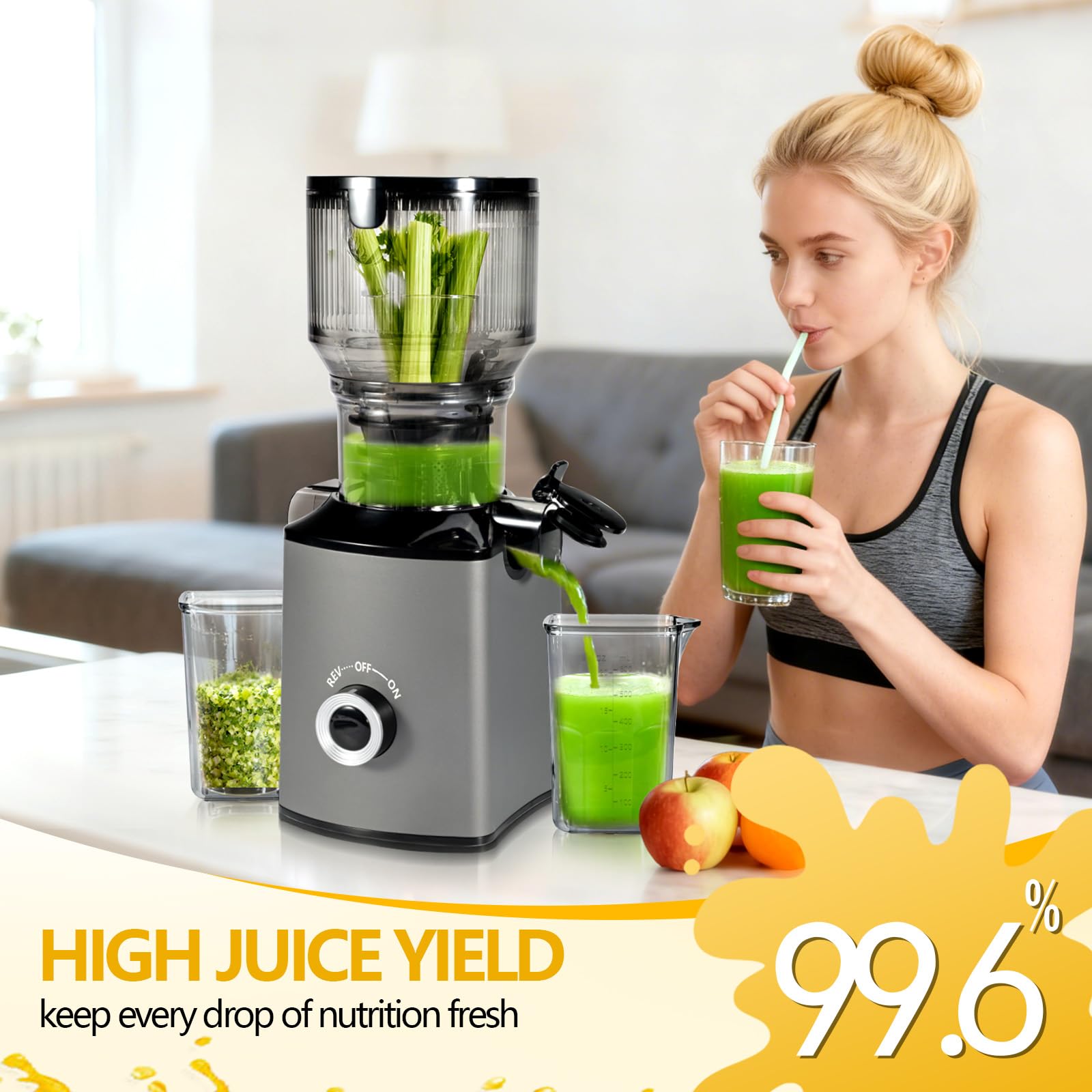 Cold Press Juicer with 5.8" Extra Wide Feed Chute - Slow Masticating Juicer Machine for Whole Fruits & Vegetables - High Juice Yield, Self Feeding, Easy to Clean & Assemble
