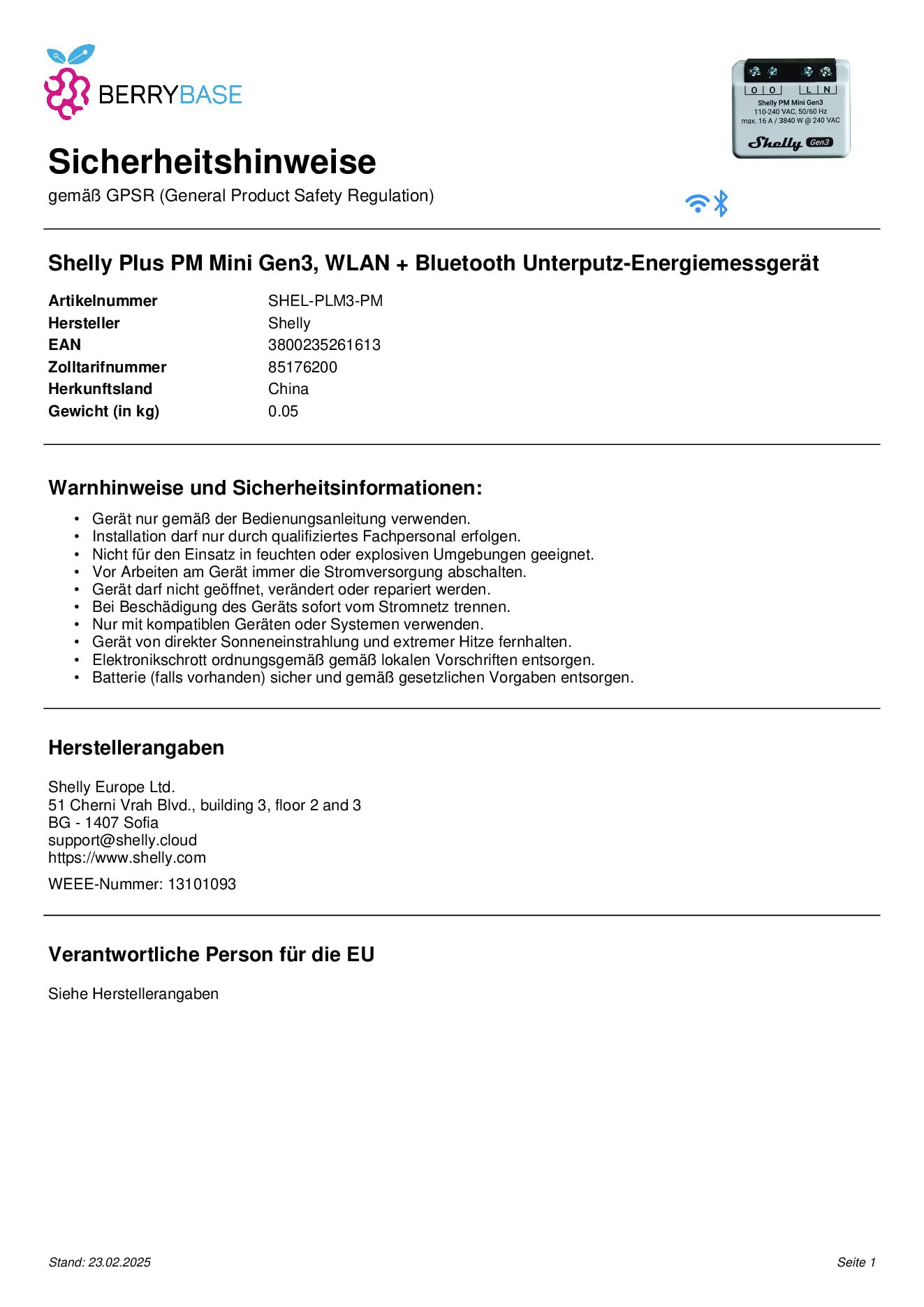 Shelly Plus PM Mini Gen 3 bezprzewodowy przełącznik Wi-Fi, Bluetooth
