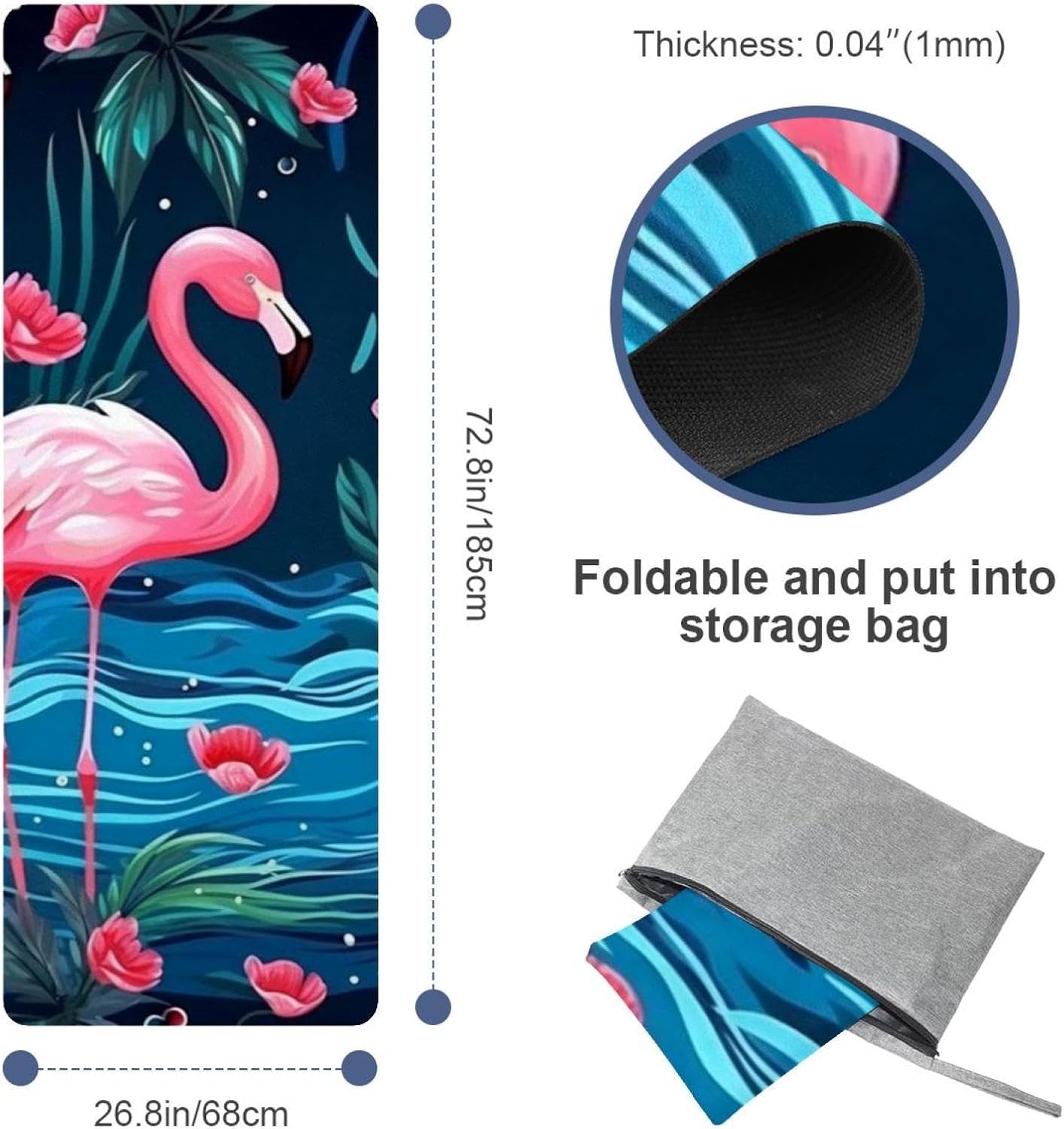Yoga Towel, Tropical Flamingo Pattern Non Slip Sweat Absorbent Hot Yoga Mat Towel for Hot Yoga, Pilates and Fitness - 72.8" x 26.8"