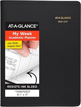 AT-A-GLANCE Planner 2026-2027 Weekly Academic 14-Month July-August, Quarter-Hourly Appointment Book, 8-1/4" x 11", Black 7095705