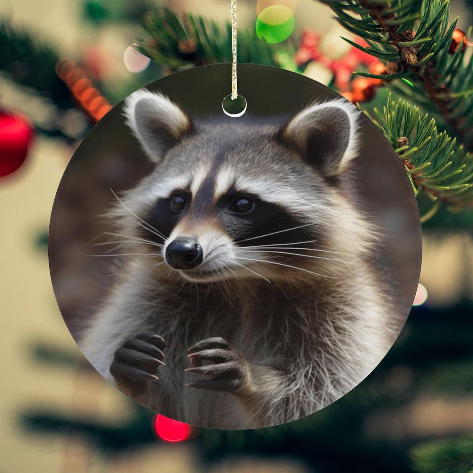 Raccoon Christmas Ornament for Christmas Tree Ceramic Round Ornament Winter Holiday Keepsake Gift 2.7" Christmas Tree Hanging Decorations Circle Ceramic Pendant Xmas Gift