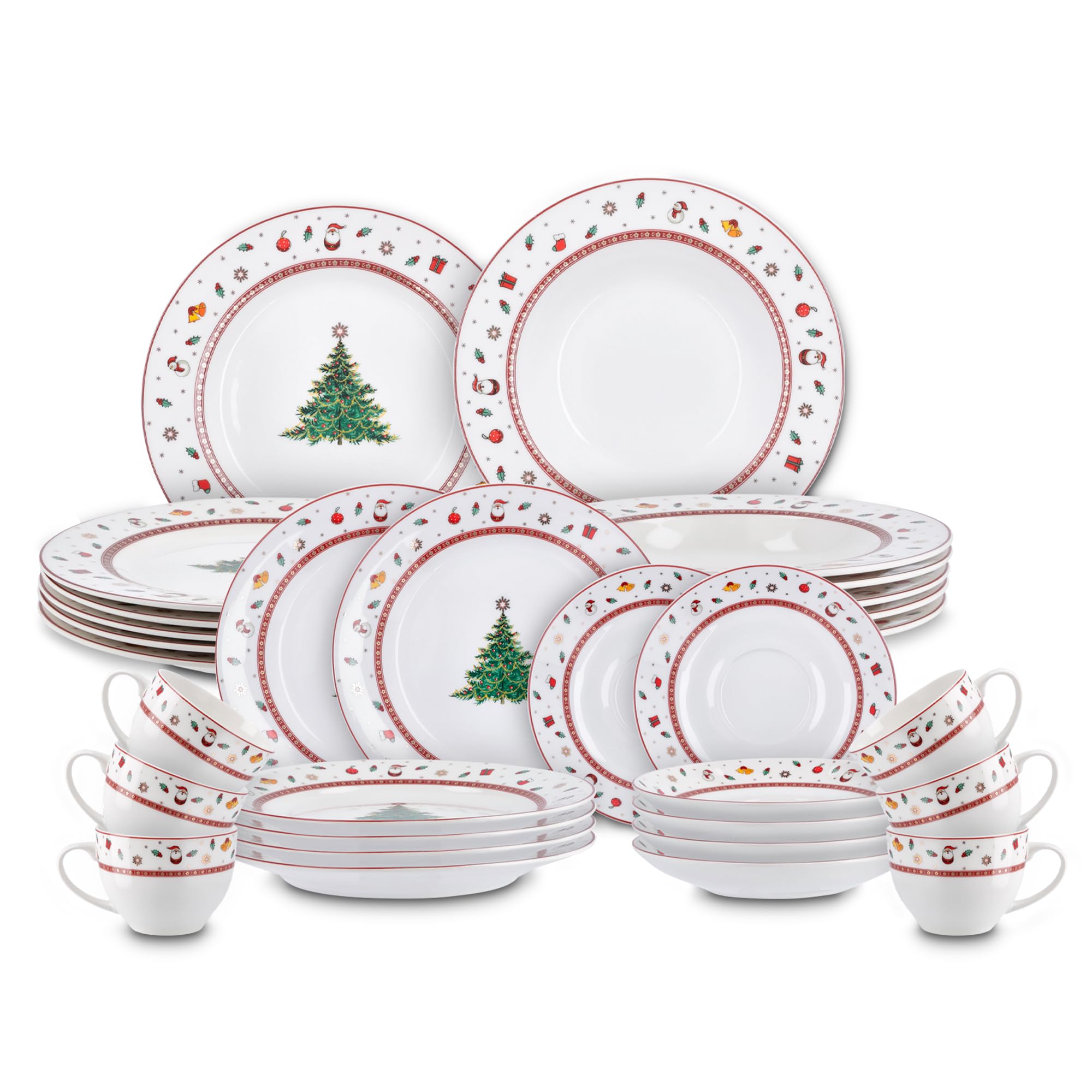 Peill+Putzler Germany Weihnachtsgeschirr,Kombiservice mit Weihnachtsmuster, 30-teiliges Geschirrset für Weihnachten, Bon China Porzellan in weiß für 6 Personen, mit Goldrand daher nur Handwäsche