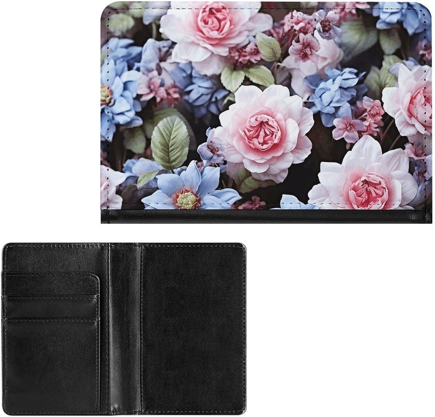 Cute Passport Holder for Travel,Personalized Multi-Functional Passport Cover with Card Slots,Slim Blue Flowers Printed Passport Wallet for Women Men