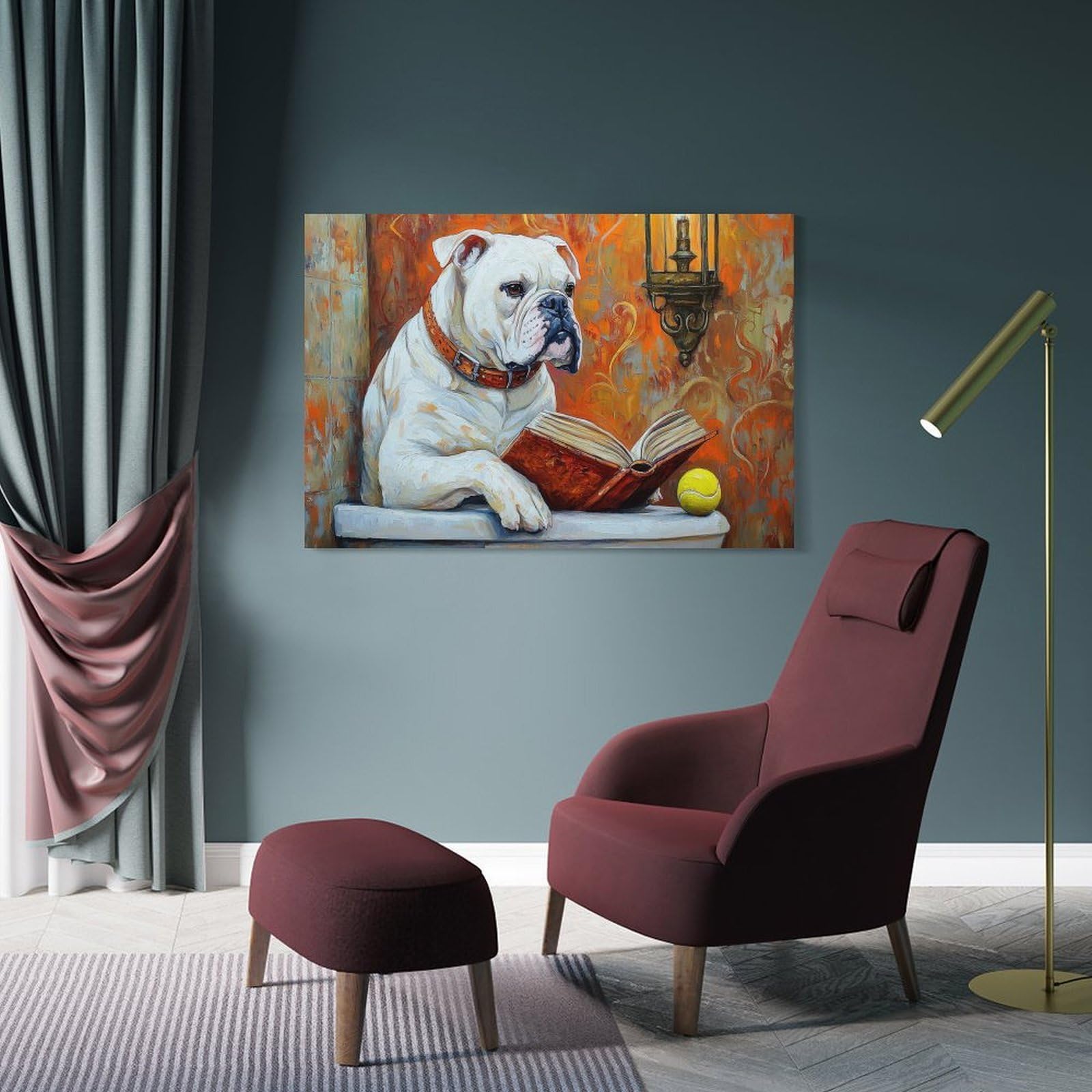 Junmoney Frame-Style-13 Bulldog Reading A Book On A Toilet Home Decor Wall Art 12X18inch(30X45cm), For Gallery Wall Layouts In Home Or Office, A Versatile Canvas Print For Layering