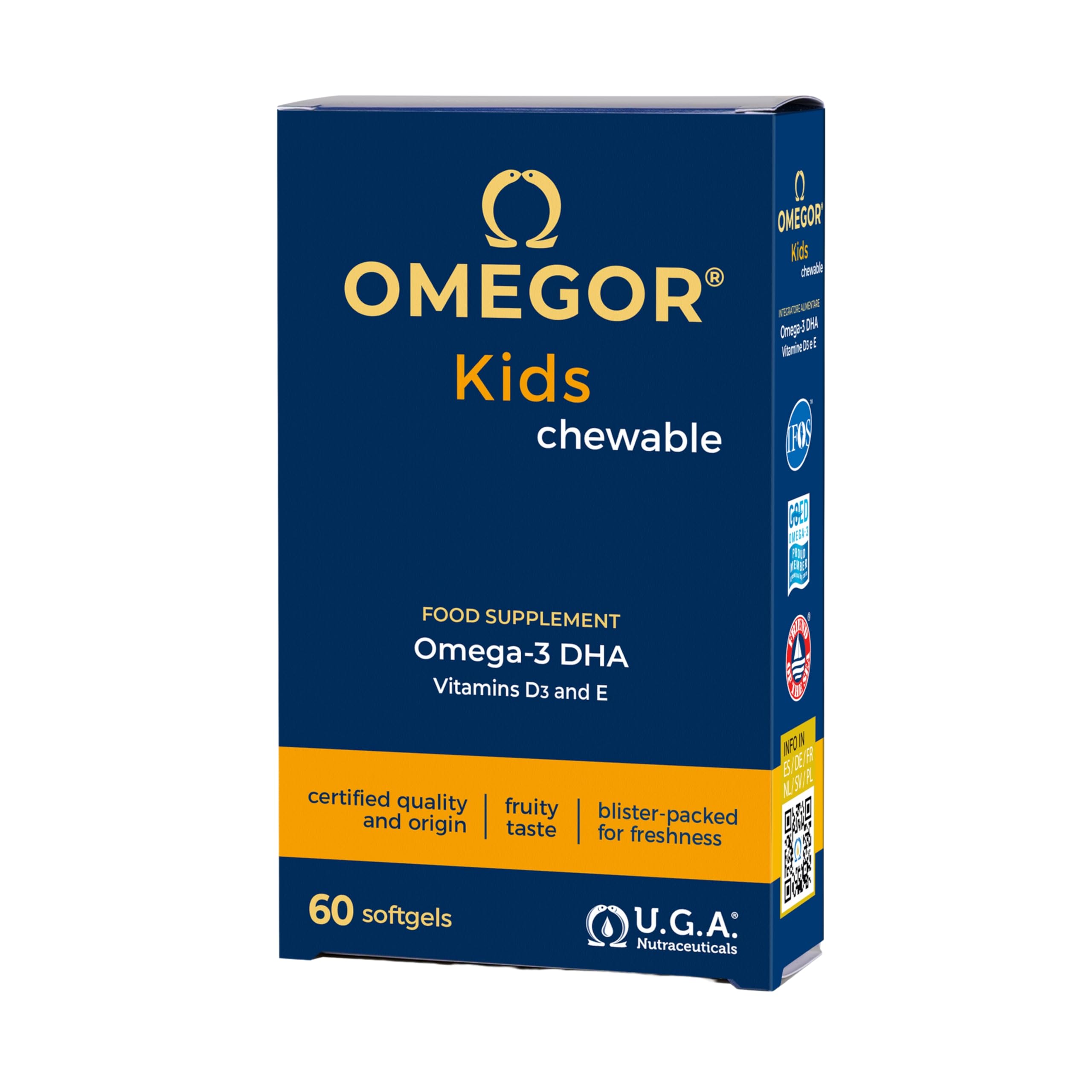 Gélules Omegor Kids | 250 mg d'oméga-3 DHA pour les enfants | Gélules molles exquises à croquer, créées à partir de gélatine de poisson | Goût sucré - Saveur délicate multifruits, 60 gélules