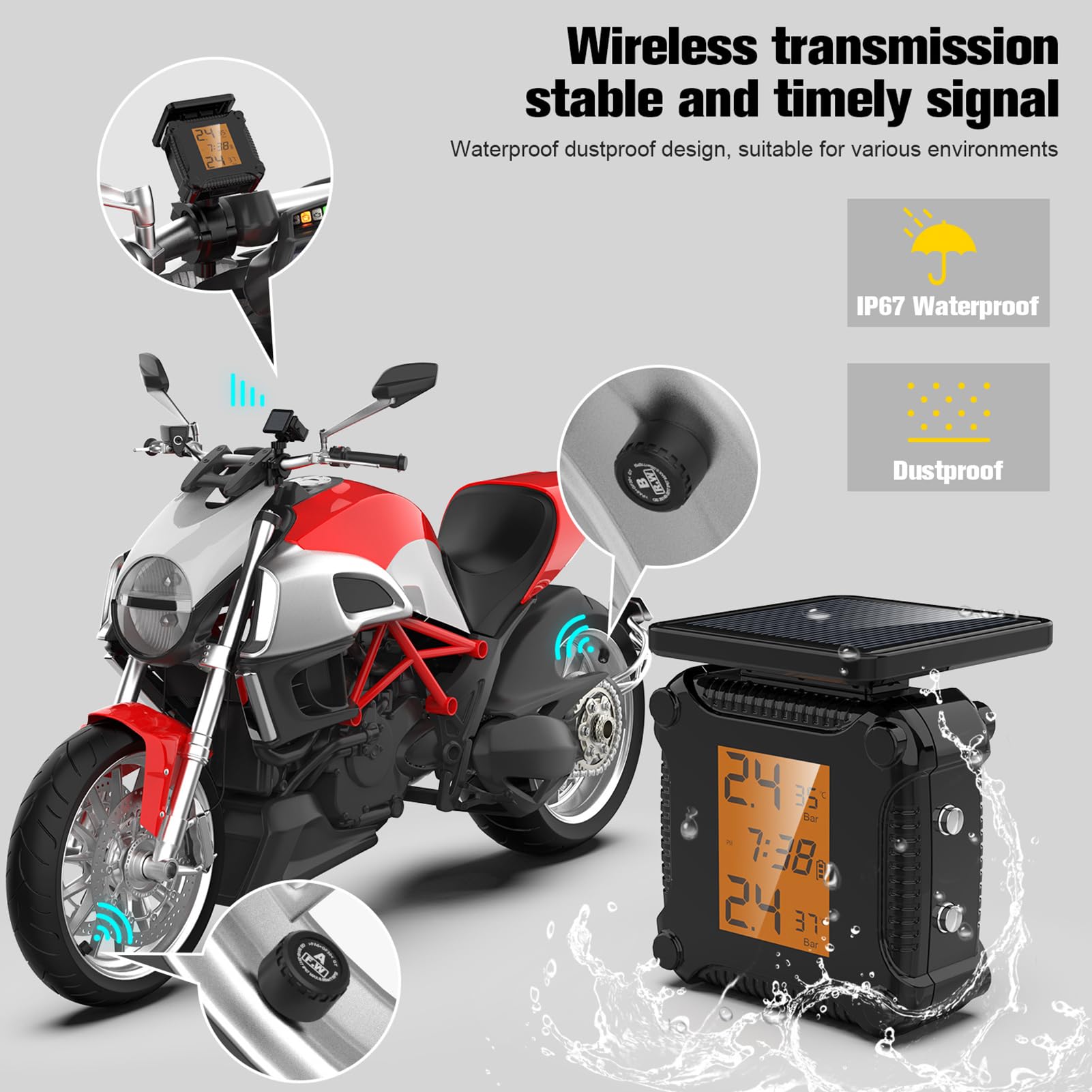 Système De Surveillance TPMS Solaire Pour Moto - Alarme Pression Pneus Avec 2 Capteurs Externes, Grand Écran LCD, Étanche