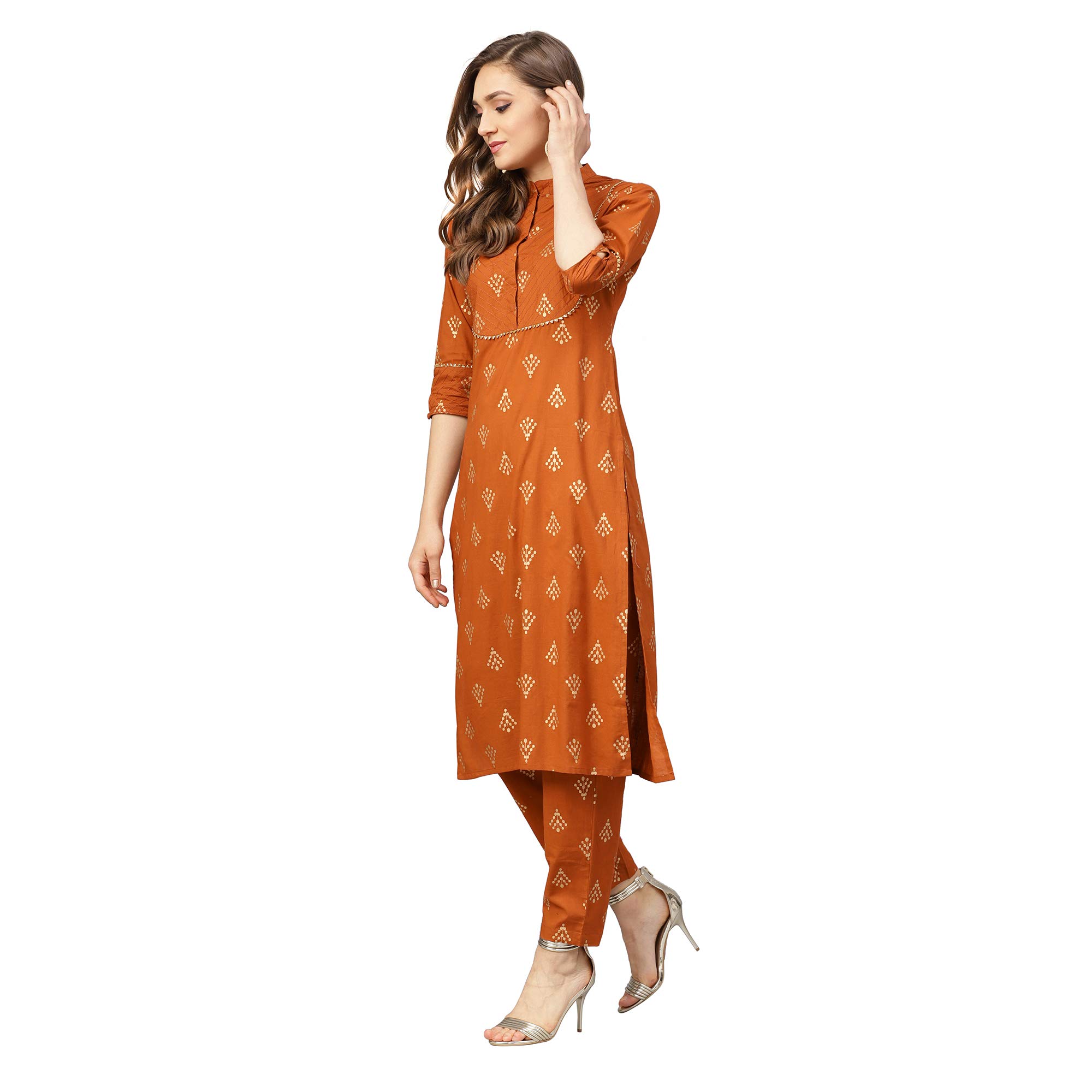 Idalia Womens Rust Gold Ethnic Kurta Set For Women Stylish Mandarin Collar Printed Cotton Kurta With Pant Set For Wedding & Festive