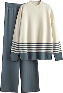 Chic Knit Striped Lounge Set: Pullover Top & Wide Leg Pants Tracksuit