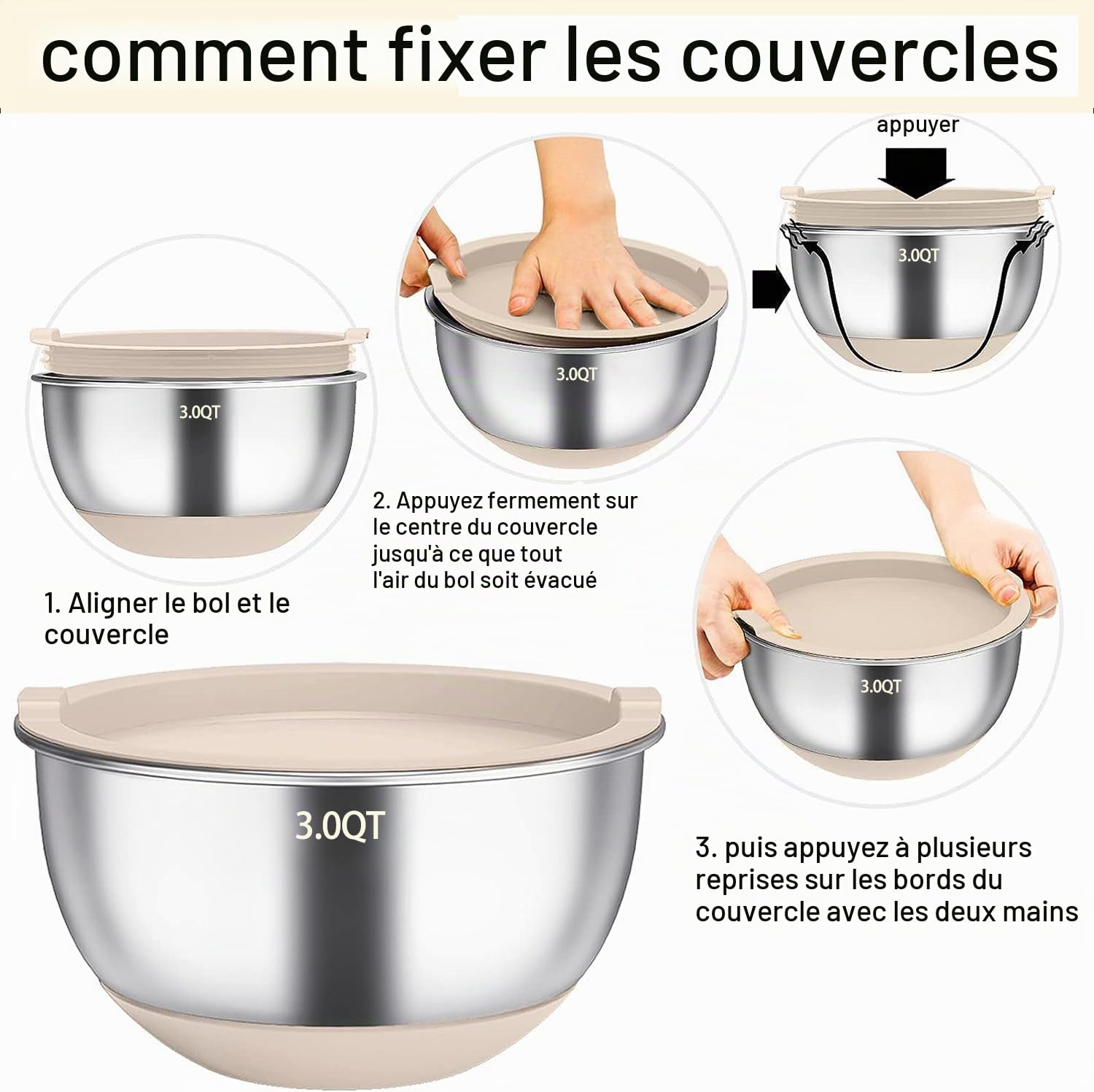 Terlulu Lot de 6 saladiers en acier inoxydable avec couvercle et fond en silicone, 3 embouts de râpe, 4,7 l/3,8 l/2,8 l/1,9 l/1,4 l/0,6 l, antidérapants et empilables, kaki