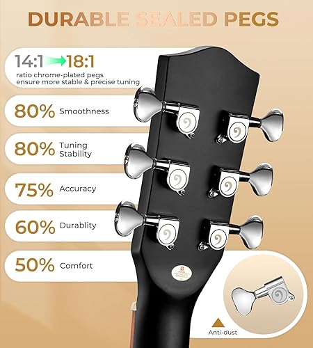 Miniatura 39 de Vangoa Kit de guitarra acústica para principiantes, adultos, adolescentes, tamaño completo, cortada, guitarra, acustica, 41 pulgadas, juego natural
