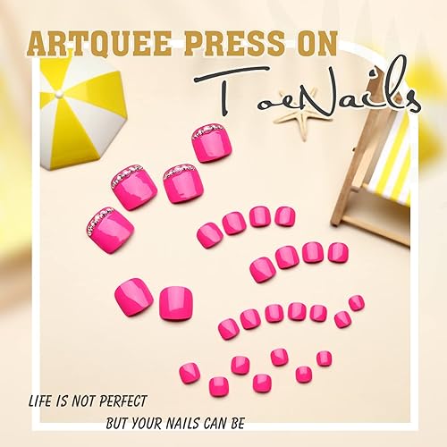 Miniatura 7 de Artquee Juego de 28 uñas cortas a presión en color rosa intenso, uñas postizas cuadradas brillantes, diseño de diamantes de imitación, para playa,
