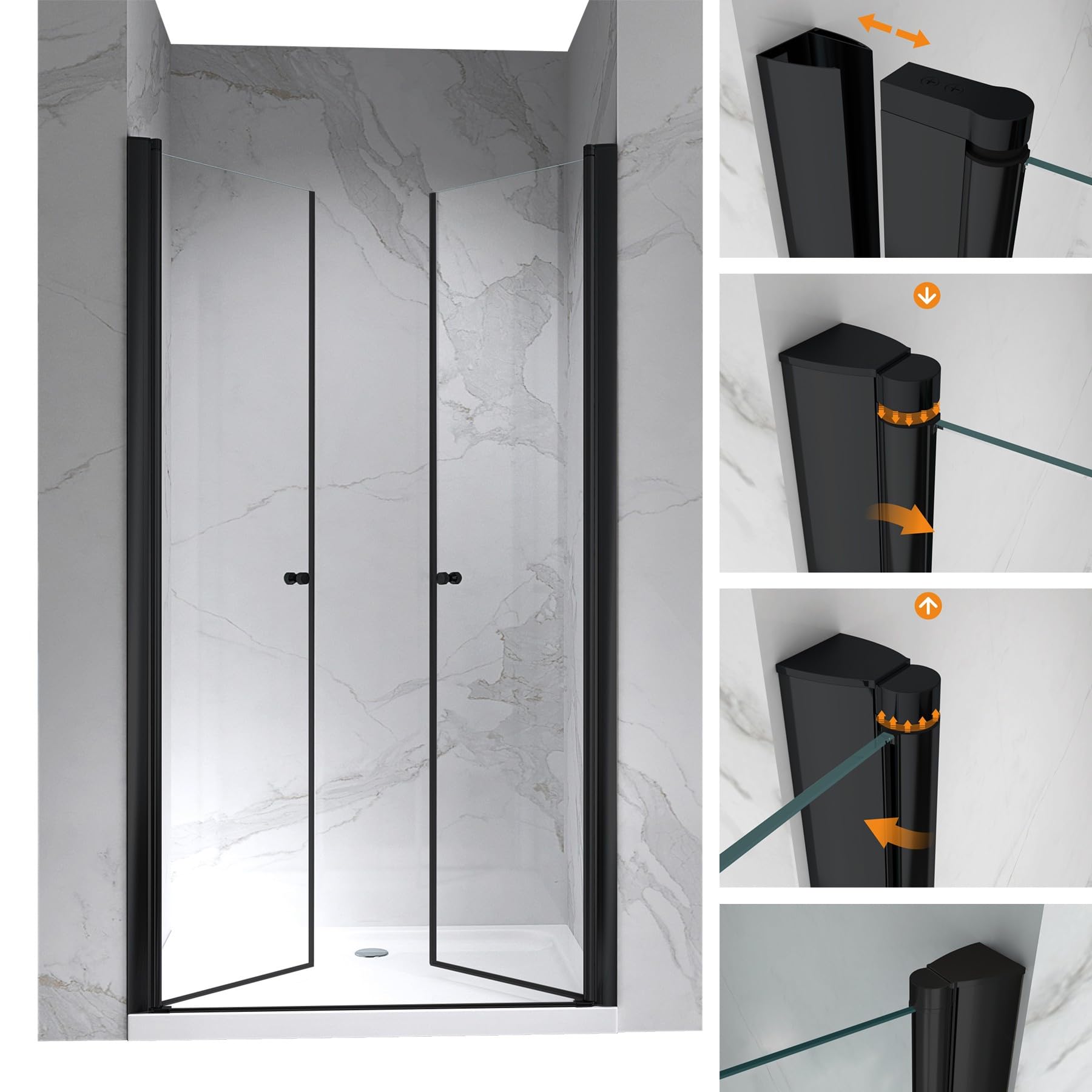 GINA-BLACK Porte de douche H.195 cm, largeur réglable 104 à 108 cm, verre transparent 6 mm, anticalcaire, profilés alu noir