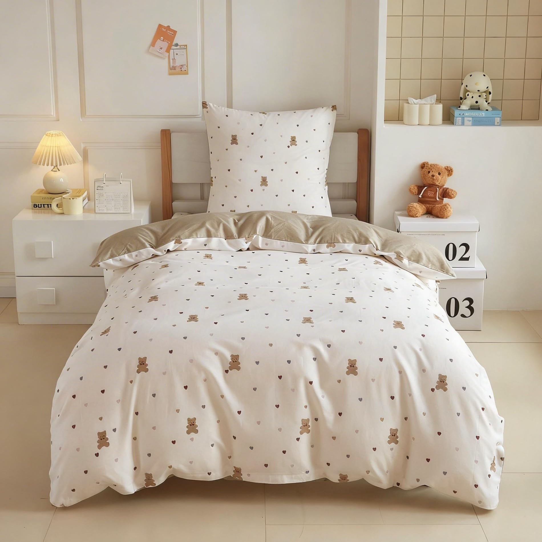 Housse de Couette 140x200 Enfant Fille Motif Cœurs Ours 100% Coton