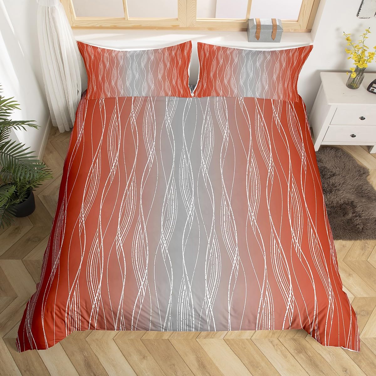 Homewish Gradient Coral And Grey Comforter Cover Ombre Orange Gray Bedding Set Single Size Geometric Striped Duvet Cover For Kids Adults,Silver White Wavy Line Bed Set Aesthetics Room Decor