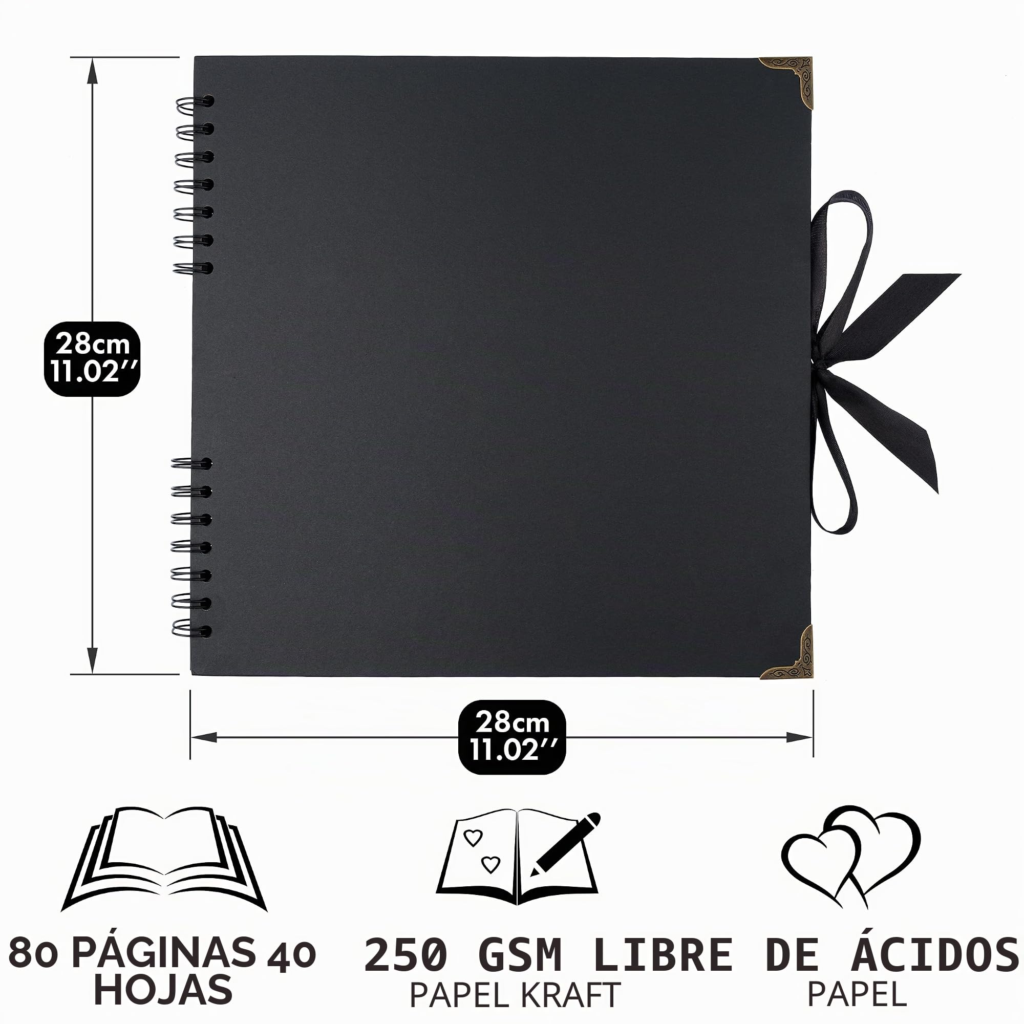 Bstorify - Álbum de fotos grande negro cuadrado de 80 páginas (28 x 28 cm) papel kraft grueso, libro de recuerdos, cierre de cinta, ideal para tus proyectos de álbumes de recortes, arte y manualidades