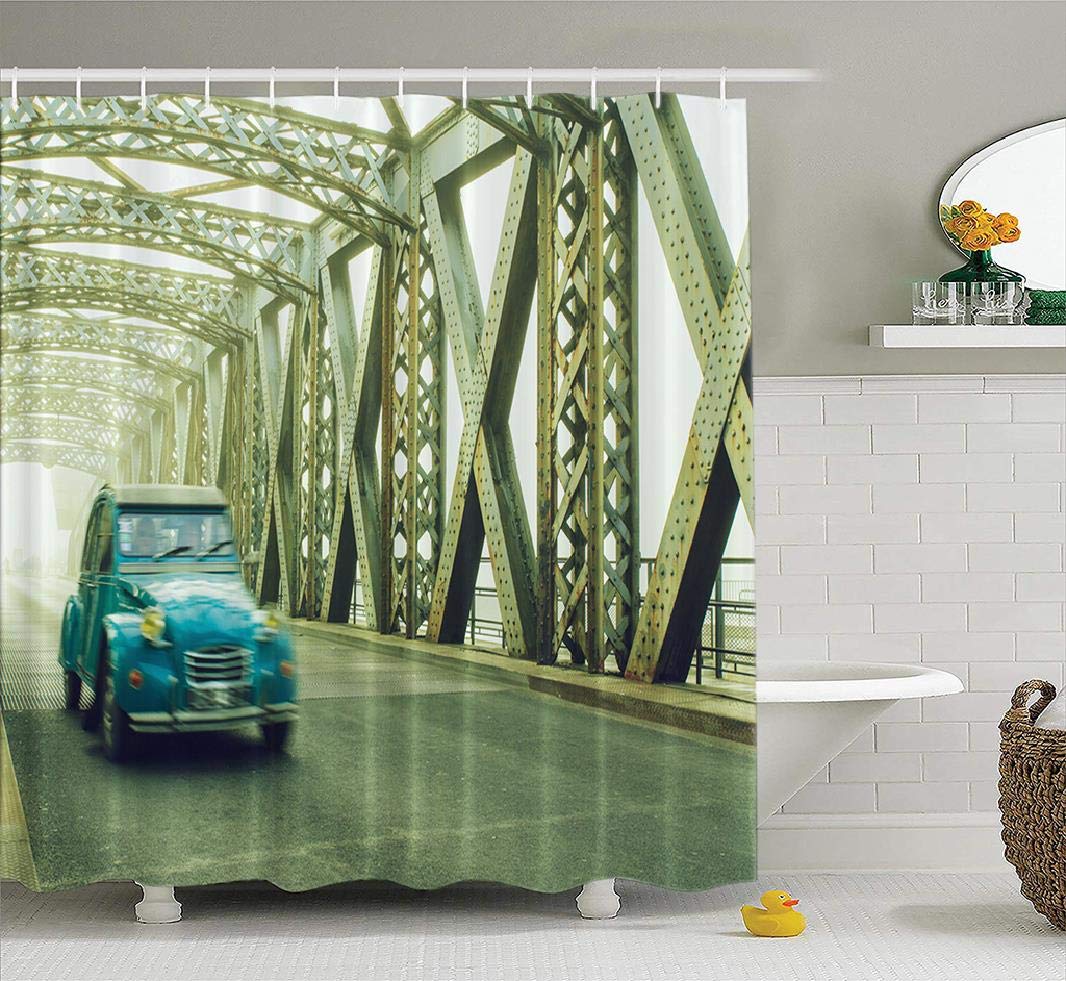 Hdmly Vintage Car Shower Curtain, Old Blue Vintage Car Road City Bridge Day France 72x78 Inch Fabric Bathroom Shower Curtain Cloth Polyester Waterproof Bath Curtain Art Bathroom Decor,Chrome Old