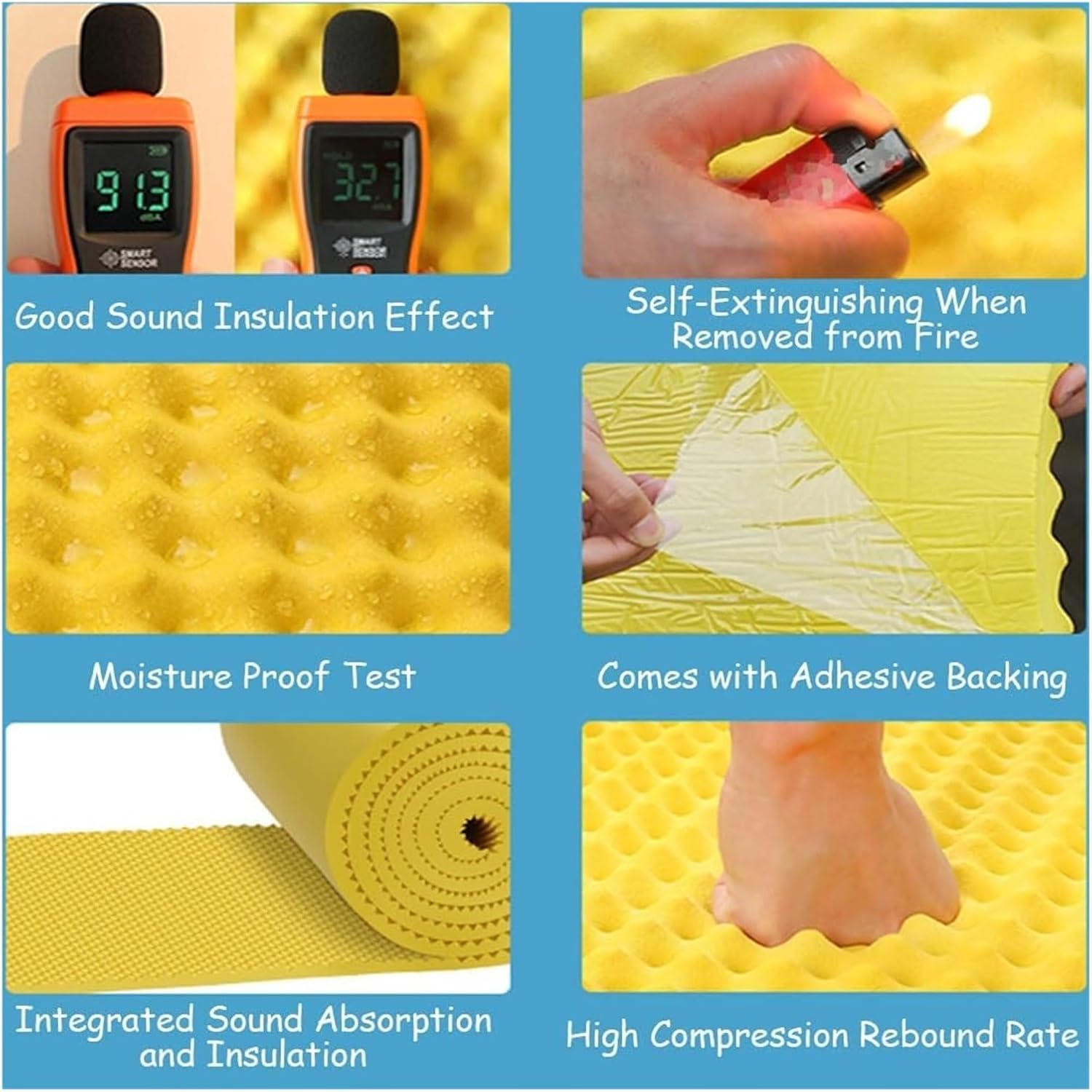 防音フォーム防音板 騒音音響発泡パネル、厚さ3cmの音楽録音スタジオ遮音綿、自己粘着耐火性難燃性遮音マット (Color : Blu
