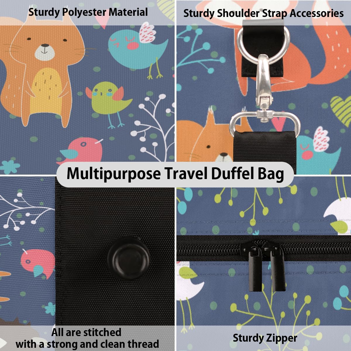 Fox Rabbit Squirrel Travel Duffel Bag for Women Men Large Capacity Overnight Weekender Bags for Lightweight Waterproof Sport Gym Bag for Workout Yoga Swim